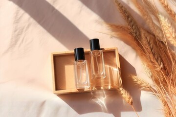 Two glass perfume samples with white brown liquid on wooden tray lying on beige background with pampas grass. Luxury and natural cosmetics presentation. Testers on woodcut in sunlight. Generative AI 