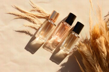 Two glass perfume samples with white brown liquid on wooden tray lying on beige background with pampas grass. Luxury and natural cosmetics presentation. Testers on woodcut in sunlight. Generative AI 