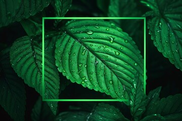 Neon frame on vibrant green leaves with rain drops background. Natural textured foliage. Dark flower, Generative AI 