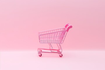 Pastel pink shopping cart on pink background. Black Friday sales minimalistic concept. Shop online, free delivery, Cyber Monday, Discounts, Valentines and International Women's day, Generative AI 