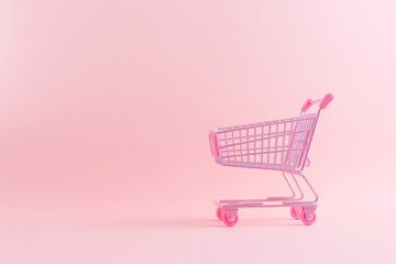 Pastel pink shopping cart on pink background. Black Friday sales minimalistic concept. Shop online, free delivery, Cyber Monday, Discounts, Valentines and International Women's day, Generative AI 