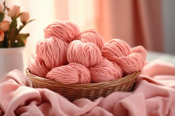 Obraz na płótnie Canvas Wicker basket with pink yarn balls on fabric background, closeup