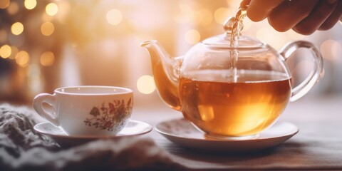 Banner of grey cup with teapot. The hand holding the teapot pours herbal tea into pot on saucer in soft focus on blurred background. Coffee, tea house, bokeh lights. Generative AI  - obrazy, fototapety, plakaty