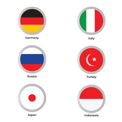 National flags icons vector, main flag languages set, Italy, Germany, turkey, Russia, indonesia, jordan flag
