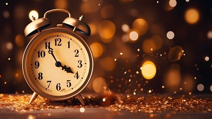Fototapeta na wymiar New Year 2024 with golden bokeh lights, fireworks and confetti, concept. Vintage clock points to 2024, creative idea. 