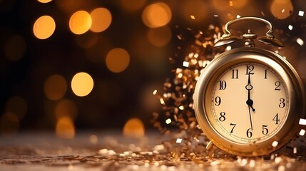 New Year 2024 with golden bokeh lights, fireworks and confetti, concept. Vintage clock points to 2024, creative idea. 