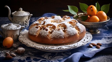 Naklejka na ściany i meble An intricately designed Easter bread with almonds and raisins, dusted with powdered sugar, on a vintage lace tablecloth