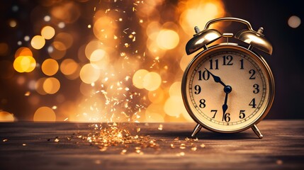 Fototapeta na wymiar New Year 2024 with golden bokeh lights, fireworks and confetti, concept. Vintage clock points to 2024, creative idea. 