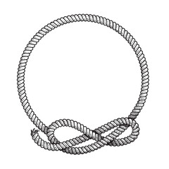 Hand drawn circle rope frame with free style node. Sketch nautical design element. Best for marine and western designs. Vector illustration isolated on white. - obrazy, fototapety, plakaty