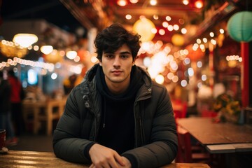 Young handsome man sitting at a table in a Parisian street cafe