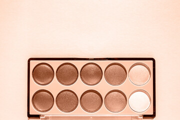 A makeup palette with sparkling eyeshadows casts a shadow on a solid background. Flat lay, place for text. Peach fuzz is color of year 2024.