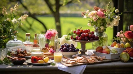 An outdoor Easter brunch setting with a spread of deviled eggs, honey-glazed ham, and a basket of hot cross buns