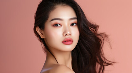 Young asian girl with perfect skin on beige background. Female Skin care editorial. Asian beauty portrait. 