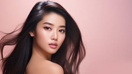 Naklejka premium Young asian girl with perfect skin on beige background. Female Skin care editorial. Asian beauty portrait. 
