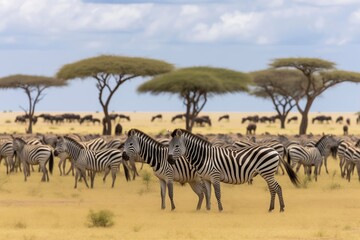 Fototapeta na wymiar a herd of plains zebra Equus quagga an Africam member of the horse family with its famous striped coat