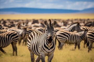 Fototapeta na wymiar a herd of plains zebra Equus quagga an Africam member of the horse family with its famous striped coat