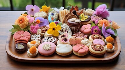 Obraz premium A beautifully arranged Easter dessert tray featuring a variety of mini tarts, pastries, and decorated cookies