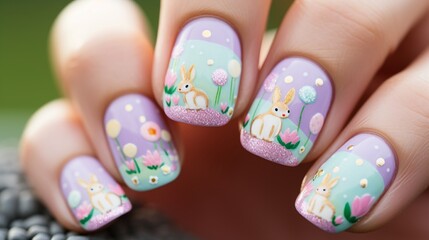 A close-up of an Easter-themed nail art design, featuring pastel polishes and tiny egg and bunny...