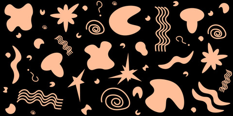 Seamless pattern with Trendy Organic Shapes isolated black background. Avant-garde peach fuzz ornament. Vector illustration can used wallpaper, textile, bed linen print. Modern backdrop.