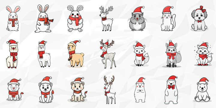 Festliche Weihnachtstiere: Lineart Vektorgrafik-Bundle von L&ouml;wen, Hasen, Rehen, Alpakas, Hunden, Katzen, Polarf&uuml;chsen und Eisb&auml;ren mit M&uuml;tze und Schal