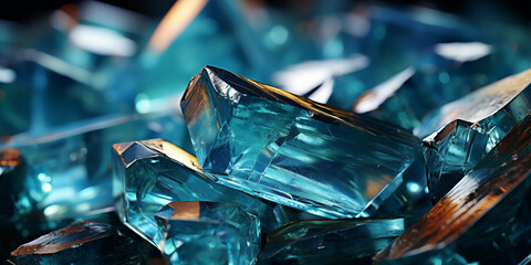 Ungeschliffene Glas Steine wie Rohdiamanten in türkis blau und grün Farben im schönen Glanz als Querformat für Banner, ai generativ 