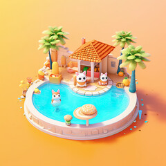 Fototapeta na wymiar miniature, Super cute clay world Summer villa pool isometric view cute clay freeze frame, AI Generated