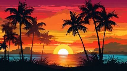 Fototapeta na wymiar A vibrant vector illustration captures a picturesque sunset with silhouetted palm trees against a stunning and colorful backdrop, evoking a tropical ambiance and serene atmosphere