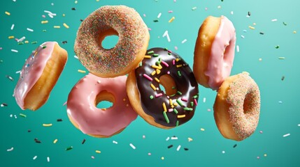 Various donuts flying in the air. Dessert donuts with glaze on green background
