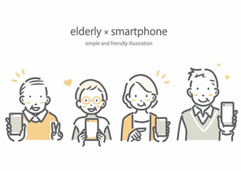 笑顔でスマホを見せるシニア世代　シンプルでお洒落な線画イラスト
