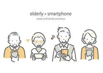 笑顔でスマホを使うシニア世代　シンプルでお洒落な線画イラスト