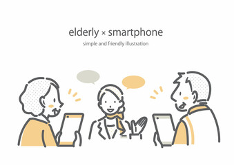 スマホ教室に参加するシニア世代の女性と男性　シンプルでお洒落な線画イラスト