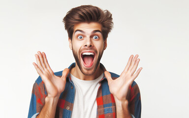 Man shouts wow looks happy white background