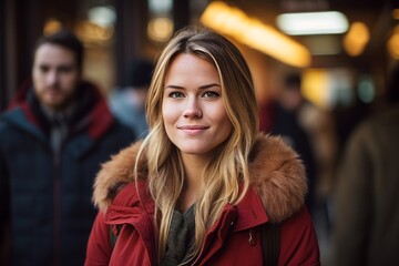 Portrait of a beautiful young woman in a red coat on the street