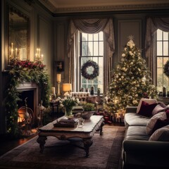 Fototapeta na wymiar Happy Holiday! A beautiful living room decorated for Christmas