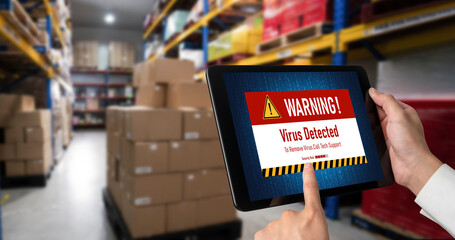 Virus warning alert on computer screen detected modish cyber threat , hacker, computer virus and malware