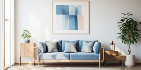 A modern living room interior with a blue sofa, wooden furniture, and framed pictures on a dark wall, bathed in natural light.