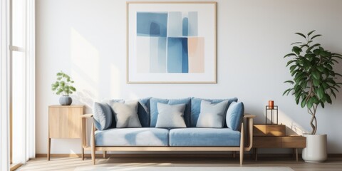 Fototapeta premium A modern living room interior with a blue sofa, wooden furniture, and framed pictures on a dark wall, bathed in natural light.