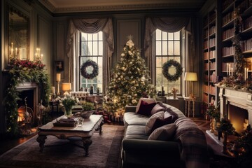 Fototapeta na wymiar Beautiful holdiay decorated room with Christmas tree with presents under it
