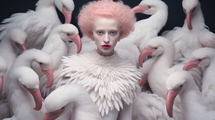 A Feathered Woman Surrounded by Large Birds