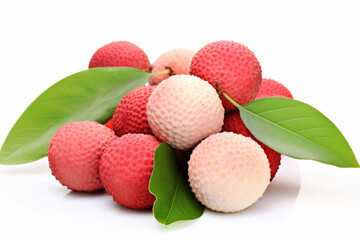 Lychee or Chinese plum with leaves on white background