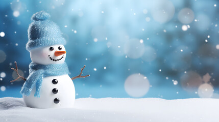 Snowman with winter themed background. Blue and white with bokeh light effect. Christmas. snow, snowfall. Backdrop, web banner design. Copy space. generative ai