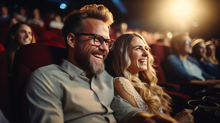 Joyful couple with family watching cinema, blurred audience background.Generative AI