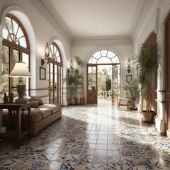 Fototapeta na wymiar Elegant Hallway with High Ceilings and Floor-to-Ceiling Window