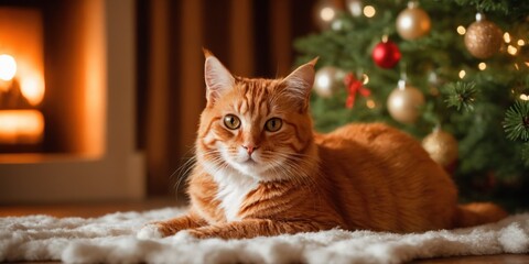 Cute ginger cat lying near Christmas tree on carpet in room with fireplace