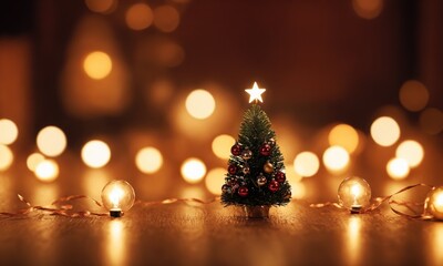 Fototapeta na wymiar Christmas tree with lights on bokeh background. Christmas greeting card