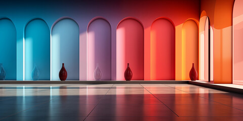 Leuchtende bunte Farben an der Wand in einem großen Raum mit Bodenvasen im Querformat für Banner, ai generativ