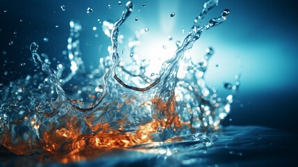 A blurry image of water colliding with a surface, bursting into droplets, with a large amount of water causing an impact and floating in the air, captured in a stop motion shot for texture.