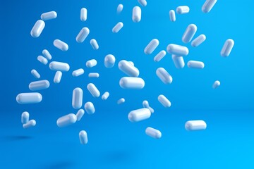 Blue antibiotic capsules falling on blue surface.