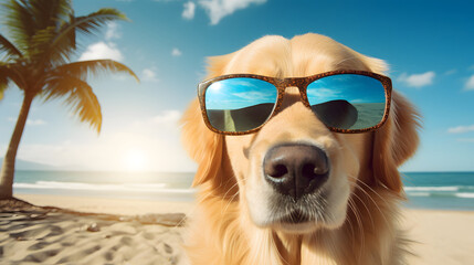 Golden retriever dog sitting on the beach and wearing sunglasses in summer. Ai generate.