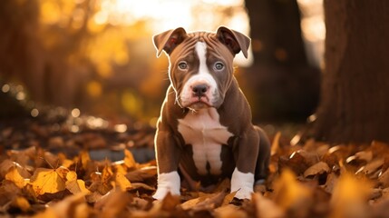 A Cute American Pitbull puppy playing in the backyard with yellow autumn leaves at sunset. The background of the photo is a relaxing environment in the backyard.